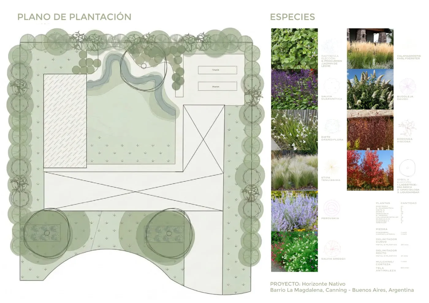 Plano de plantación y especies del proyecto Horizonte Nativo